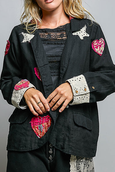 washed black linen blazer with special patchwork detailing throughout