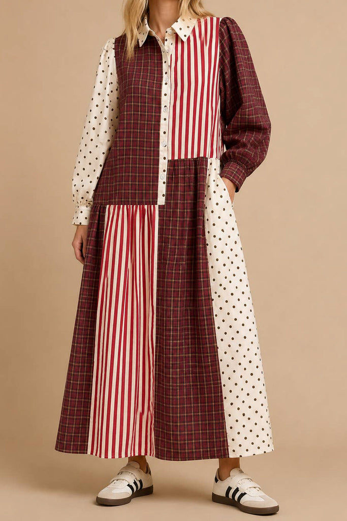 striking maxi dress with a mix print design in burgundy, black, pink, and white