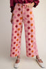 cropped wide leg pants in baby pink with colorful polka dots 