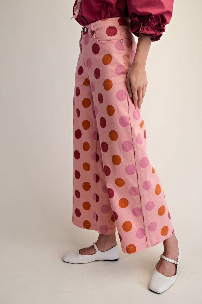 cropped wide leg pants in baby pink with colorful polka dots 