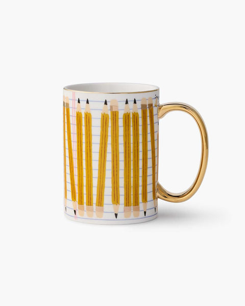 white porcelain mug with a pencil design and metallic gold detailing