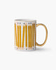 white porcelain mug with a pencil design and metallic gold detailing