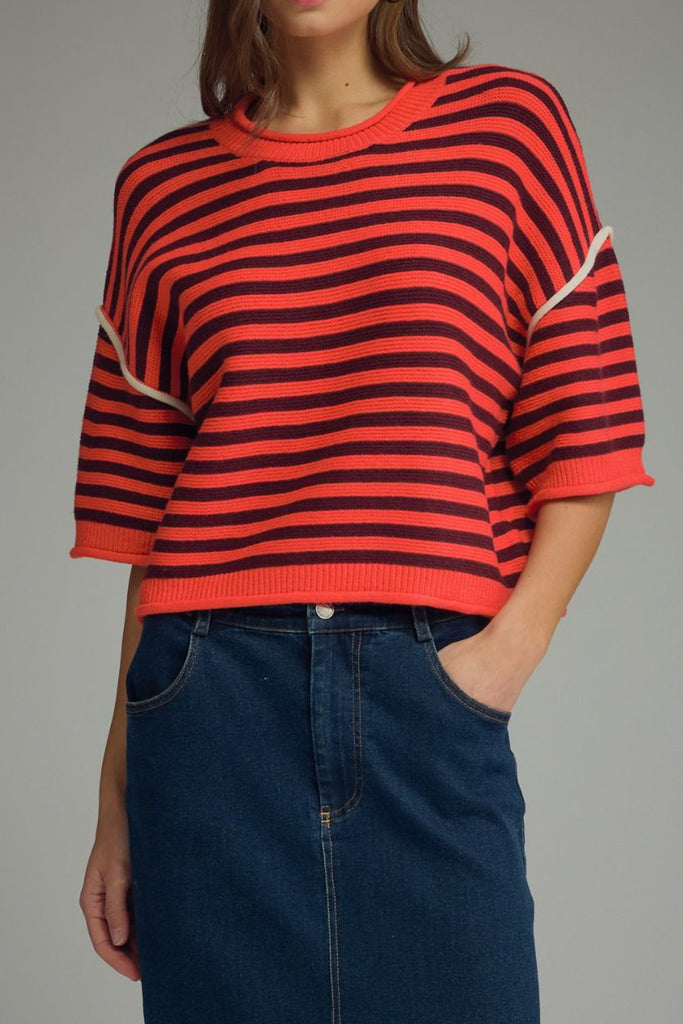 knit sweater tee in red and maroon stripes 