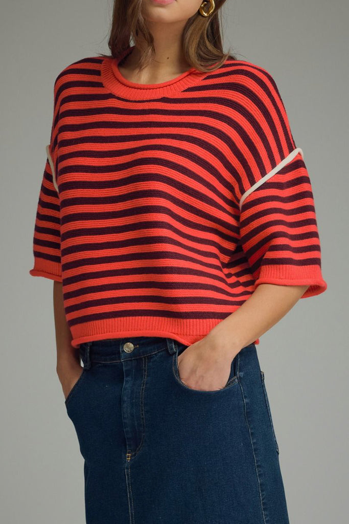 knit sweater tee in red and maroon stripes 