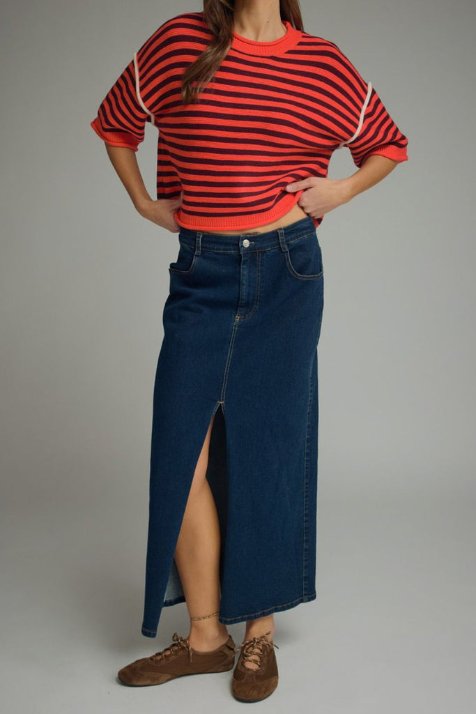 knit sweater tee in red and maroon stripes 
