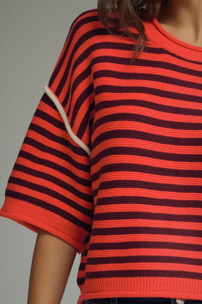 knit sweater tee in red and maroon stripes 