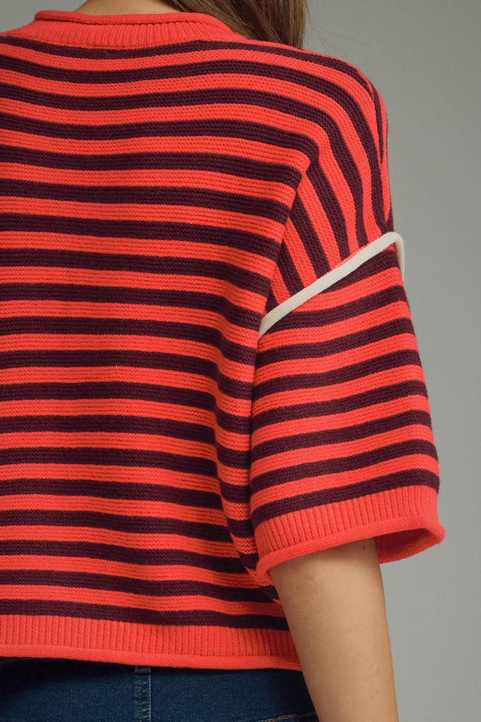 knit sweater tee in red and maroon stripes 