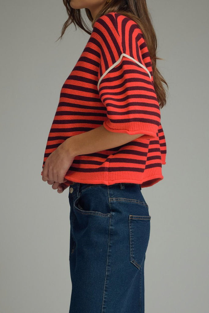 knit sweater tee in red and maroon stripes 