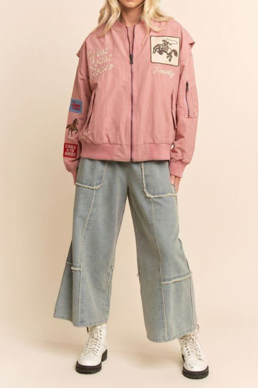 Pink Cowboy Patch Zipper Jacket