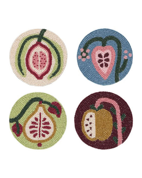 set of four beaded coasters with a pomegranate-inspired design