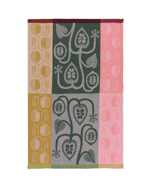 woven jacquard dish towel with a pomegranate design 