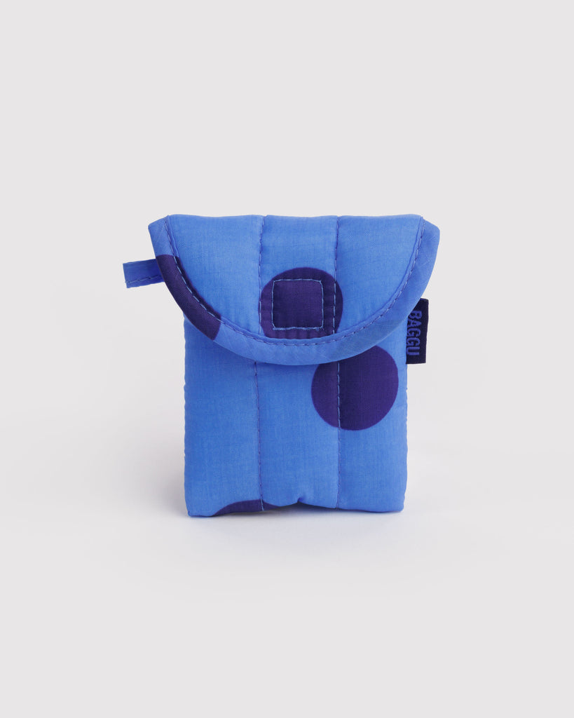 puffy earbuds case in a blue polka dot print