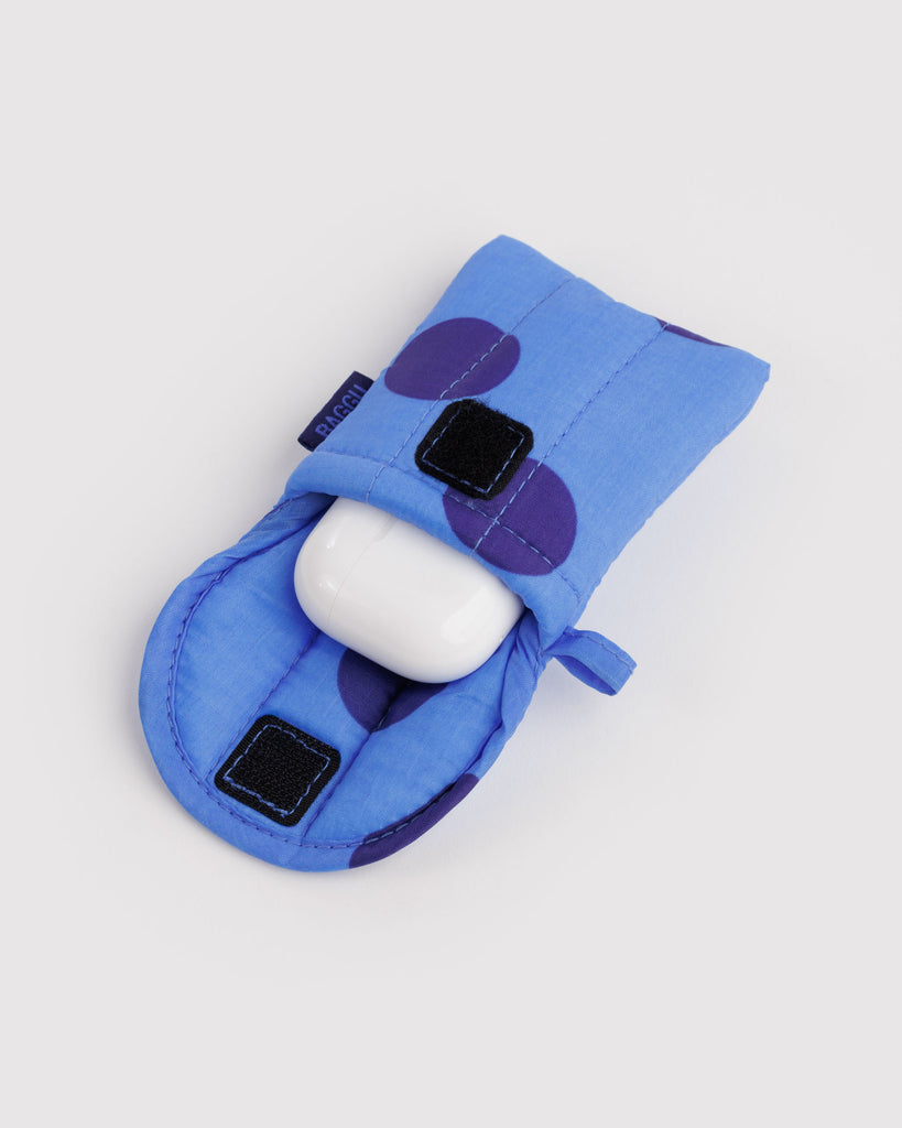 puffy earbuds case in a blue polka dot print