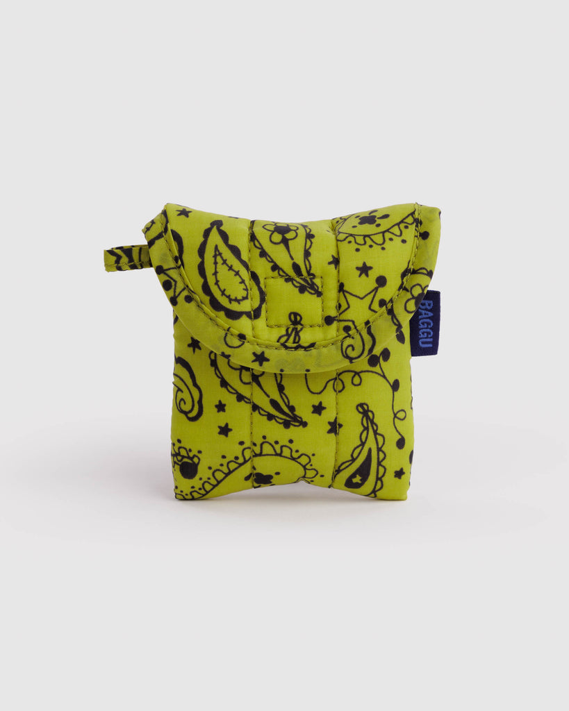 puffy earbuds case in chartreuse paisley