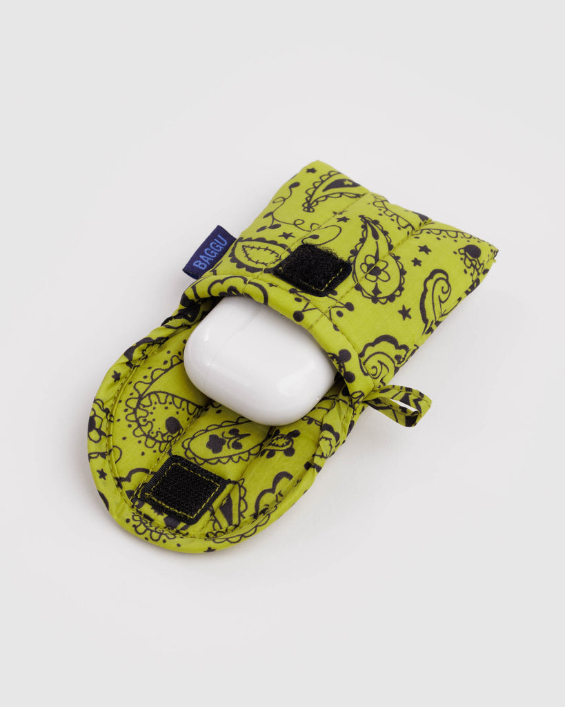 puffy earbuds case in chartreuse paisley