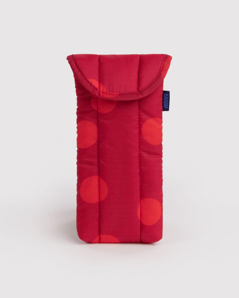 quilted glasses sleeve in a red polka dot pattern