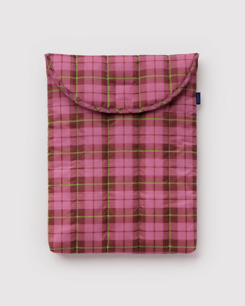 quilted laptop sleeve in a pink tartan plaid