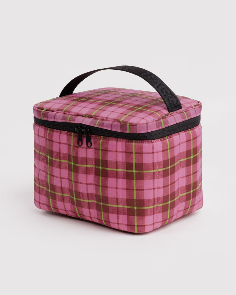 quilted insulated lunch bag in a pink plaid pattern