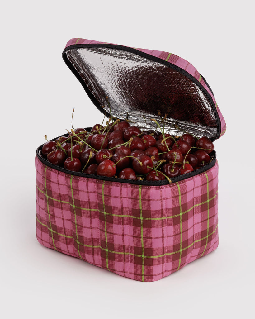 quilted insulated lunch bag in a pink plaid pattern