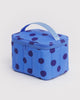 quilted insulated lunch bag in a blue polka dot pattern