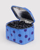 quilted insulated lunch bag in a blue polka dot pattern