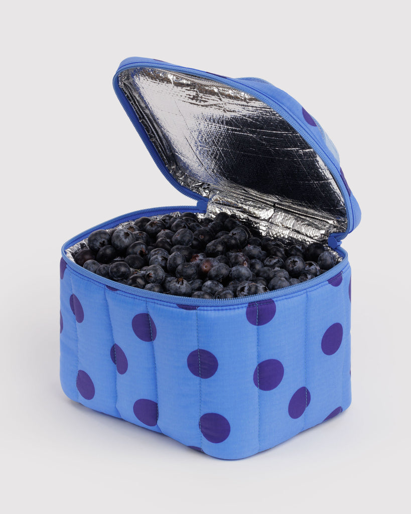 quilted insulated lunch bag in a blue polka dot pattern