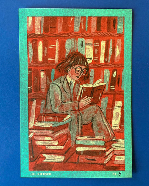 risograph print featuring a woman in a green suit reading