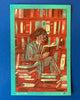 risograph print featuring a woman in a green suit reading