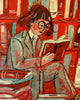 risograph print featuring a woman in a green suit reading