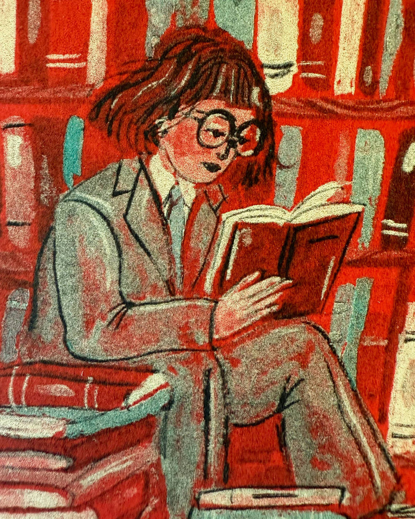 risograph print featuring a woman in a green suit reading