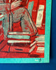 risograph print featuring a woman in a green suit reading