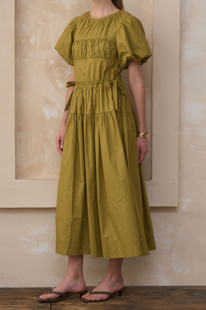midi dress in citron green with elevated details