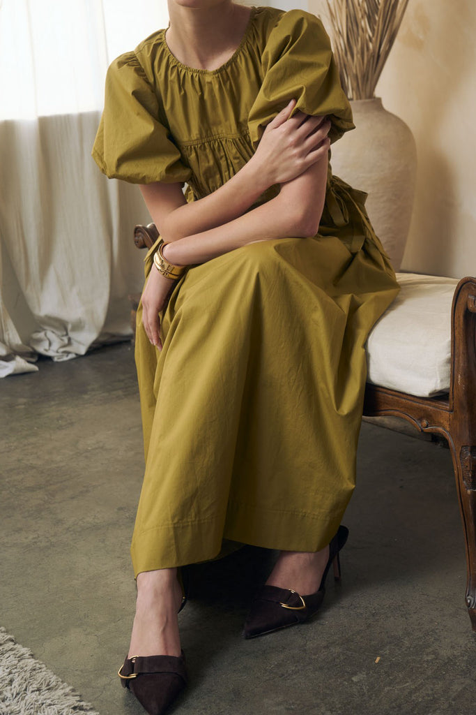 midi dress in citron green with elevated details