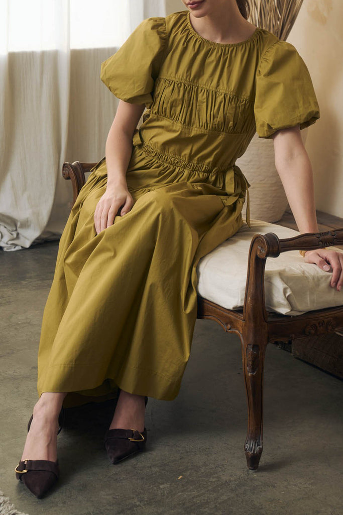 midi dress in citron green with elevated details