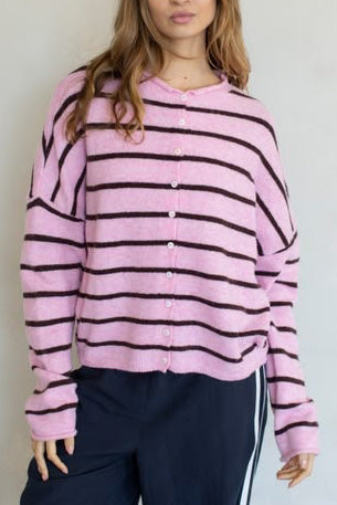 baby pink and black striped cardigan with a classic shape.