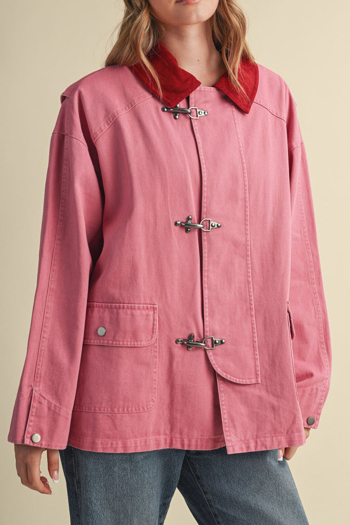 special utility jacket in rosy pink with a contrasting red collar.