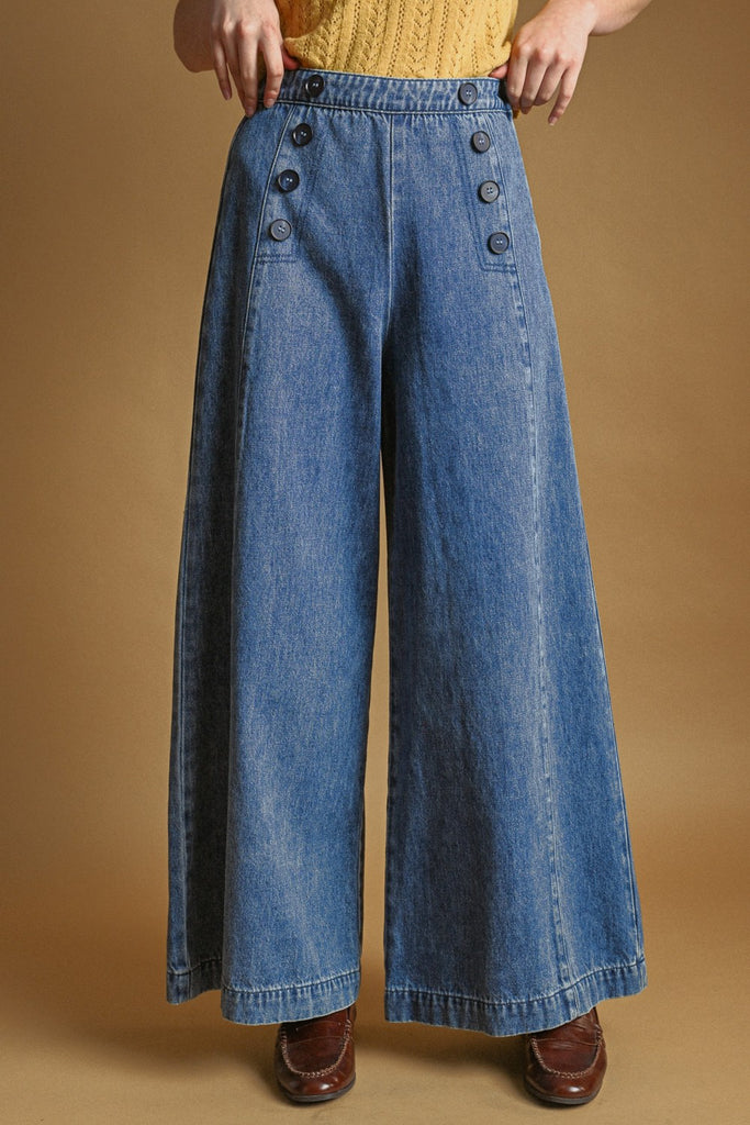 wide leg jeans with sailor-inspired side buttons