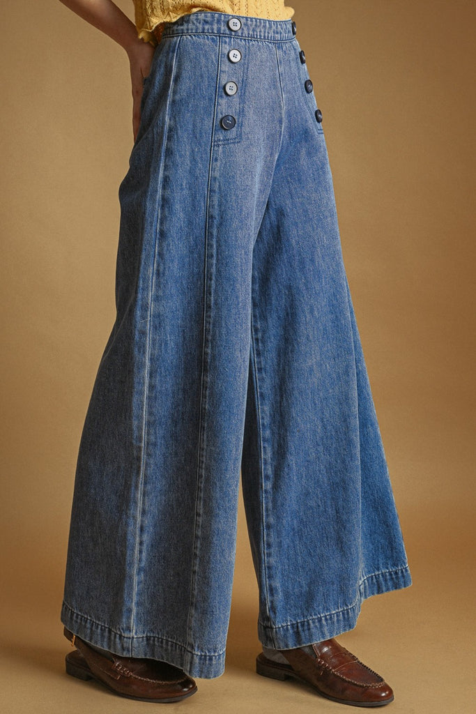 wide leg jeans with sailor-inspired side buttons