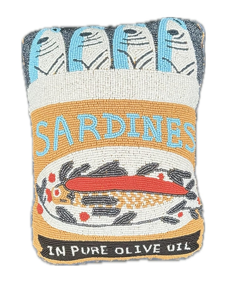 beaded pillow in the shape of a tin of sardines