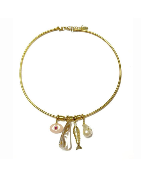 gold collar-style necklace with an array of beachy charms 