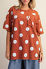 oversized tee in cinnamon brown with light blue polka dots