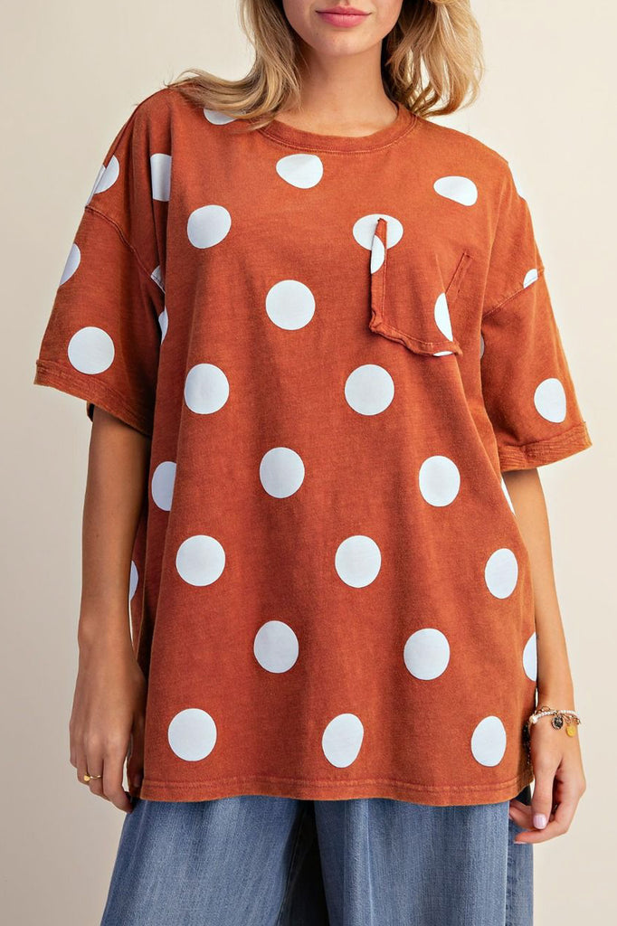 oversized tee in cinnamon brown with light blue polka dots