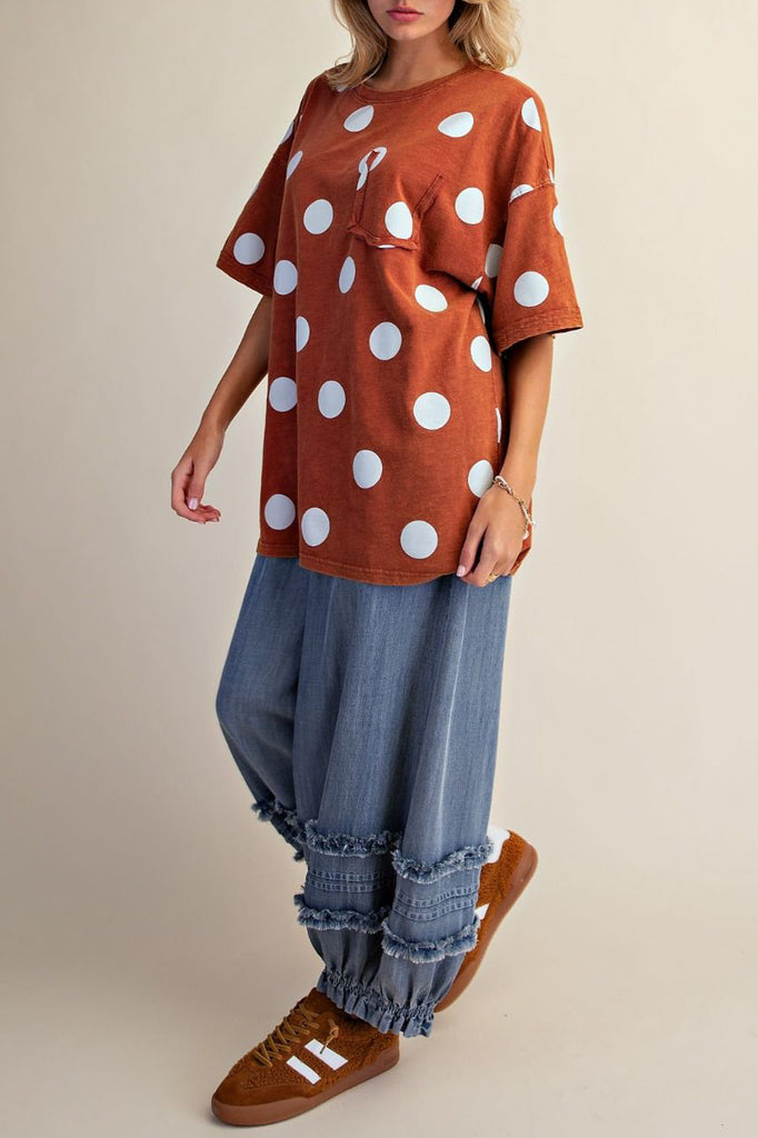 oversized tee in cinnamon brown with light blue polka dots