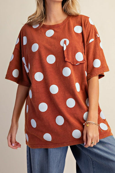 oversized tee in cinnamon brown with light blue polka dots