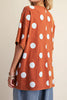 oversized tee in cinnamon brown with light blue polka dots