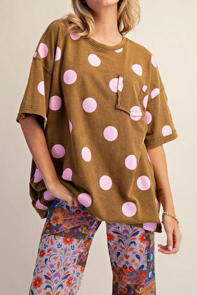oversized tee in kiwi green with light pink polka dots