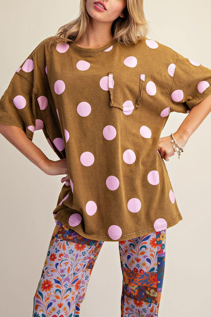 oversized tee in kiwi green with light pink polka dots