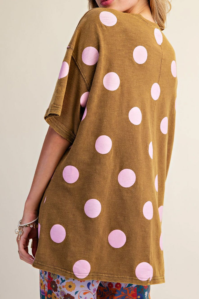 oversized tee in kiwi green with light pink polka dots