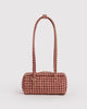 small nylon bowler bag in a tan houndstooth pattern