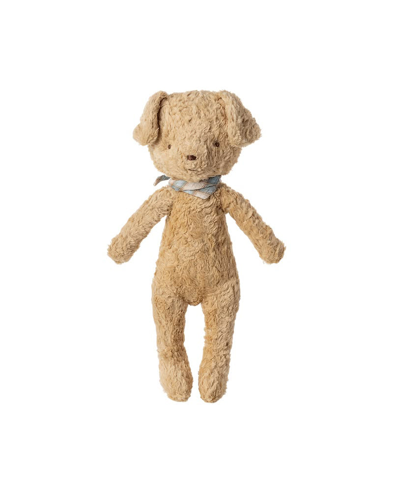 vintage-inspired dog plush in a soft sand color